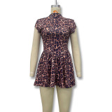 Women's Spring Leopard Print Round Neck Pleated Slim Sexy Low-Back Dress
