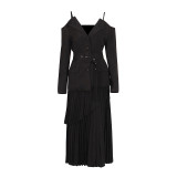 Off-Shoulder Strap Top High-Waist Pleated Skirt Two Piece Set