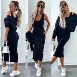 Women Spring and Summer Solid V Neck Long Sleeve Top and Suspender Dress Two-Piece Set