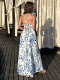 Women Summer Floral Print Square Neck Slit Lace Sexy Dress