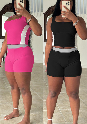 Women Casual Ribbed Patchwork Top and Shorts Two-piece Set