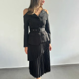 Off-Shoulder Strap Top High-Waist Pleated Skirt Two Piece Set