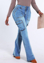 Women Washed Pocket Cargo Denim Pants Women Washed Pocket Cargo Denim Pants