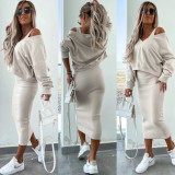 Women Spring and Summer Solid V Neck Long Sleeve Top and Suspender Dress Two-Piece Set