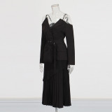 Off-Shoulder Strap Top High-Waist Pleated Skirt Two Piece Set