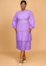 Women Spring and Summer Lantern Sleeve Pleated Cascading Ruffles Dress