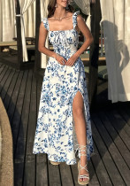 Women Summer Floral Print Square Neck Slit Lace Sexy Dress
