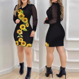 Women Fall Mesh Long Sleeve V-Neck Printed Dress
