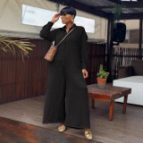 Plus Size Women Summer Casual Loose Round Neck Long Sleeve Wide Leg Jumpsuits