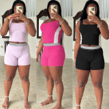 Women Casual Ribbed Patchwork Top and Shorts Two-piece Set