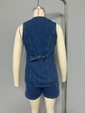 Fashion Casual Sleeveless High-Waist Women's Denim Vest Shorts Two Piece Set