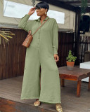 Plus Size Women Summer Casual Loose Round Neck Long Sleeve Wide Leg Jumpsuits