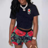 Women Casual Trendy Printed Short Sleeve Top and Shorts Two-Piece Set