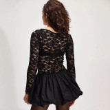 Women Lace Long Sleeve Round Neck Patchwork Puffy Dress
