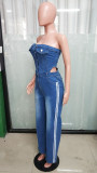Women Strapless Off Shoulder Denim Wide-Leg Jumpsuit