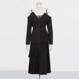 Off-Shoulder Strap Top High-Waist Pleated Skirt Two Piece Set