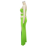 Fashion Women's Metal Decoration Solid Color Low Back Sexy Strapless Slit Long Dress