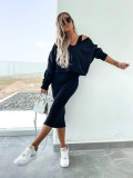 Women Spring and Summer Solid V Neck Long Sleeve Top and Suspender Dress Two-Piece Set