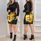 Women Fall Mesh Long Sleeve V-Neck Printed Dress