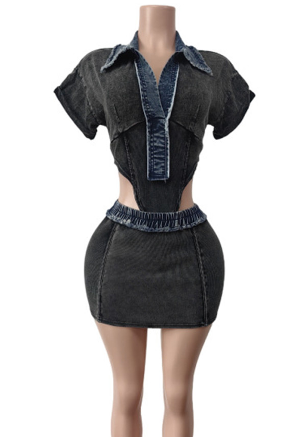 Spring Denim Short-Sleeved Bodysuit High-Stretch Skirt two piece set