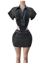 Spring Denim Short-Sleeved Bodysuit High-Stretch Skirt two piece set Spring Denim Short-Sleeved Bodysuit High-Stretch Skirt two piece set