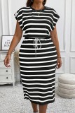 Women's Round Neck Stripe Print Drawstring Slim Waist Casual Dress