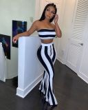 Spring Striped Strapless Crop Top Bell Bottom Pants Set