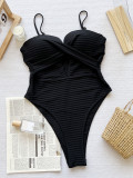 Summer Black Stripe Hollow Lace-Up One-Piece Bikini Swimsuit