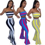 Spring Striped Strapless Crop Top Bell Bottom Pants Set