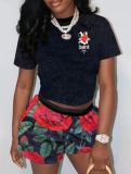 Women Casual Trendy Printed Short Sleeve Top and Shorts Two-Piece Set