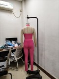 Summer Deep V-Neck Sleeveless Tight-Fitting Bodysuit Pocket Mesh Pants Set