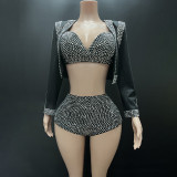 Summer Beaded Deep V Three-Piece Fashion Shorts Set