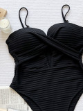Summer Black Stripe Hollow Lace-Up One-Piece Bikini Swimsuit