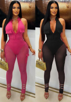 Summer Deep V-Neck Sleeveless Tight-Fitting Bodysuit Pocket Mesh Pants Set