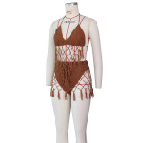 Women Sexy Crochet Beach Cover-up Knitting Swimsuit Two-Piece Set