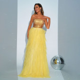 Summer strapless Sequin Mesh A-line Swing Evening Gown