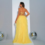 Summer strapless Sequin Mesh A-line Swing Evening Gown