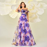 Summer Luxury Off-Shoulder Slim Waist Print Swing Evening Dress