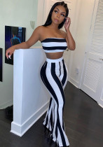 Spring Striped Strapless Crop Top Bell Bottom Pants Set
