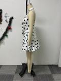Spring Elegant Polka Dot Print Lace-Up Turndown Collar Halter Bubble Dress