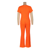 Women Casual Ribbed Summer Short Sleeve Top and Pants Two-Piece Set