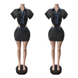 Spring Denim Short-Sleeved Bodysuit High-Stretch Skirt two piece set