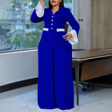 Plus Size Summer Fashion Bell Sleeve Top Pleated Wide-Leg Pants Two-Piece Set