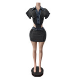 Spring Denim Short-Sleeved Bodysuit High-Stretch Skirt two piece set