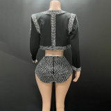 Summer Beaded Deep V Three-Piece Fashion Shorts Set