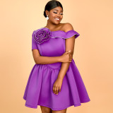 Summer Slash Shoulder Floral Slim Waist Plus Size A-line Party Dress