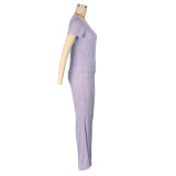 Women Casual Ribbed Summer Short Sleeve Top and Pants Two-Piece Set