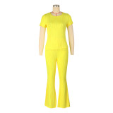 Women Casual Ribbed Summer Short Sleeve Top and Pants Two-Piece Set