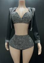 Summer Beaded Deep V Three-Piece Fashion Shorts Set