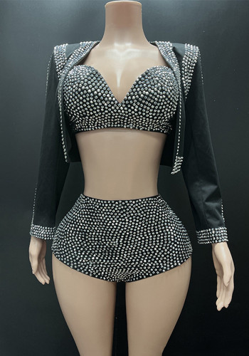 Summer Beaded Deep V Three-Piece Fashion Shorts Set